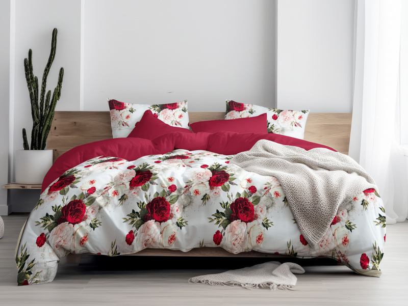 Ervi Bavlněné Saténové povlečení DELUXE DUO - Zahrada snů/bordo