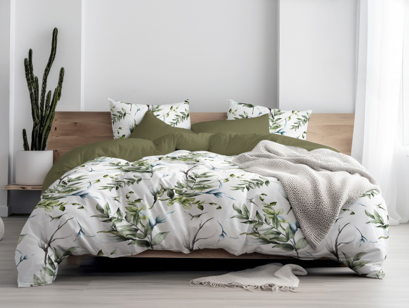 Ervi Bavlněné Saténové povlečení DELUXE DUO - Přírodní dotek/olivové