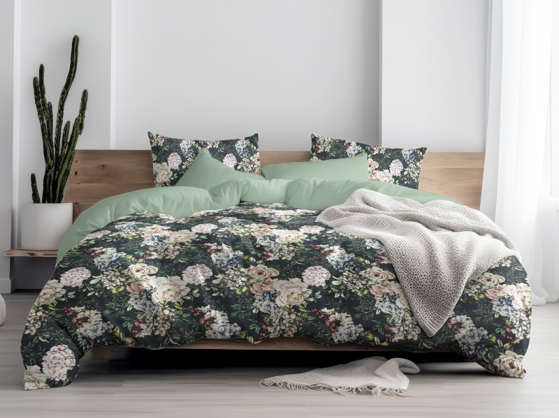 Ervi Bavlněné Saténové povlečení DELUXE DUO - Květinový sen/světlý mint