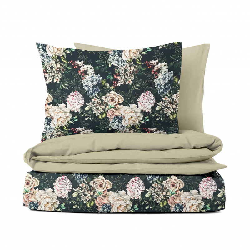 Ervi Bavlněné Saténové povlečení DELUXE DUO - Květinový sen/béžové