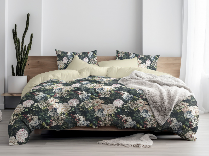 Ervi Bavlněné Saténové povlečení DELUXE DUO - Květinový sen/béžové