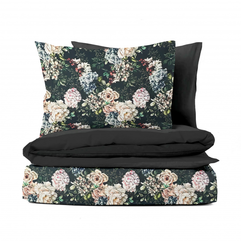 Ervi Bavlněné Saténové povlečení DELUXE DUO - Květinový sen/černé