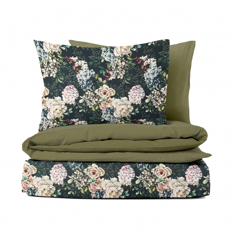 Ervi Bavlněné Saténové povlečení DELUXE DUO - Květinový sen/olivové