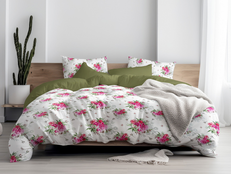 Ervi bavlněné povlečení oboustranné - Pivoňkový rozkvět/olivové