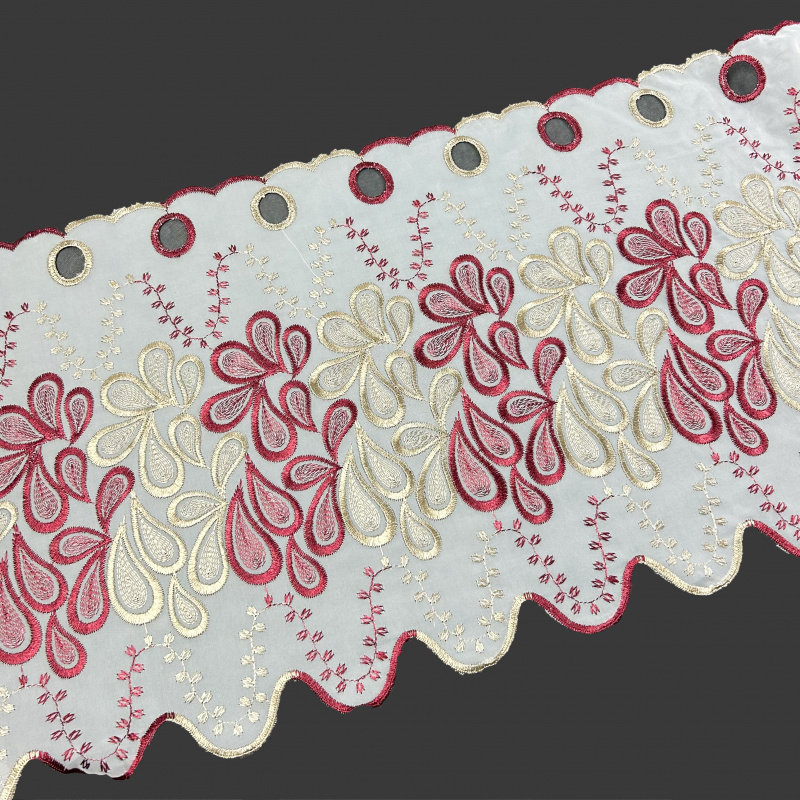 Vitrážová ﻿voálová záclona s výšivkou 2239 bordo - výška 40,90 cm , metráž