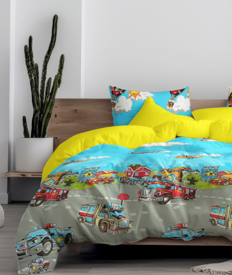 Ervi Bavlněné povlečení oboustranné - Pohádkový svět města/žluté