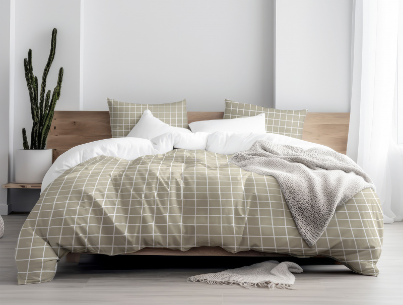 Ervi Bavlněné povlečení oboustranné - Elegantní béžové čtverce/bílé