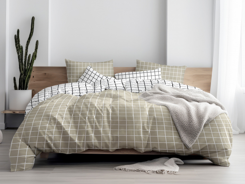 Ervi Bavlněné povlečení oboustranné - Elegantní béžové čtverce/bílé čtverce