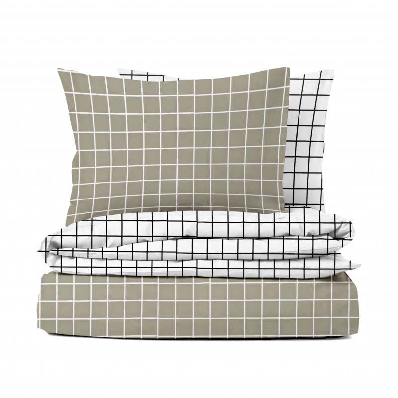 Ervi Bavlněné povlečení oboustranné - Elegantní béžové čtverce/bílé čtverce