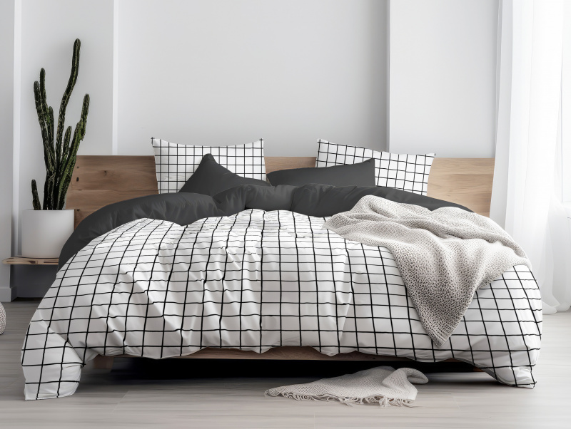 Ervi Bavlněné povlečení oboustranné - Elegantní bílé čtverce/černé