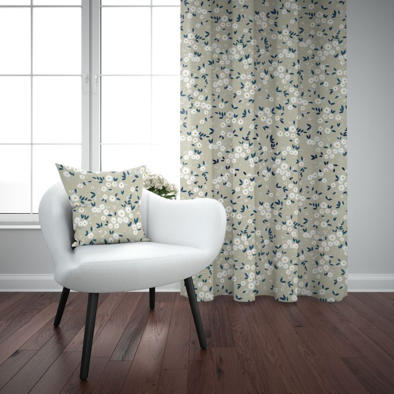 Ervi Bavlněný závěs - kytice sedmikrásek na béžovém