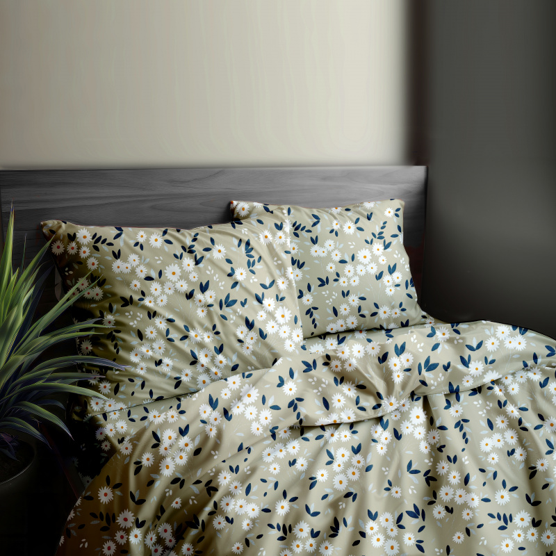 Ervi Bavlněné povlečení - kytice sedmikrásek na béžovém