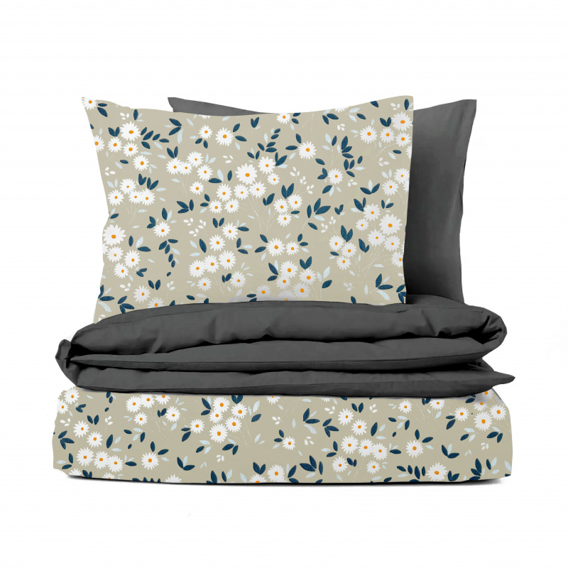 Ervi Bavlněné povlečení oboustranné - kytice sedmikrásek na béžovém/tmavě šedé