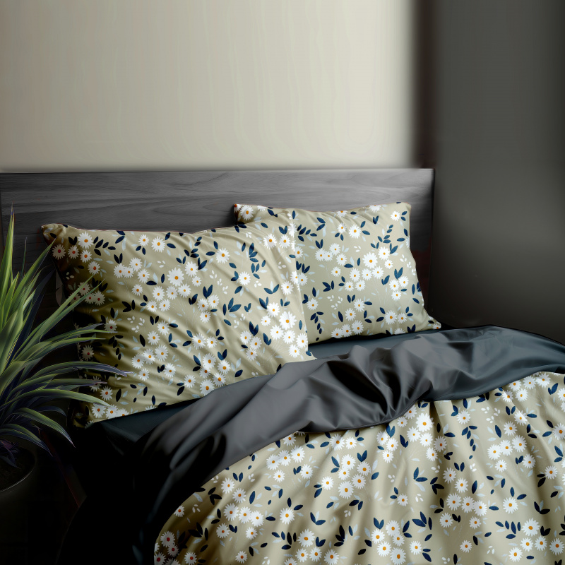 Ervi Bavlněné povlečení oboustranné - kytice sedmikrásek na béžovém/tmavě šedé