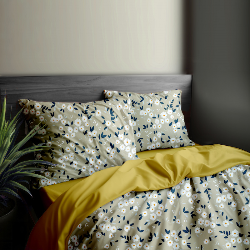 Ervi Bavlněné povlečení oboustranné - kytice sedmikrásek na béžovém/žluté