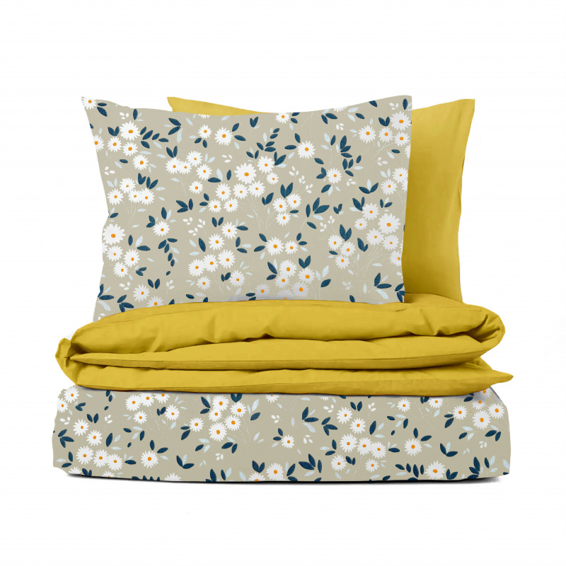 Ervi Bavlněné povlečení oboustranné - kytice sedmikrásek na béžovém/žluté