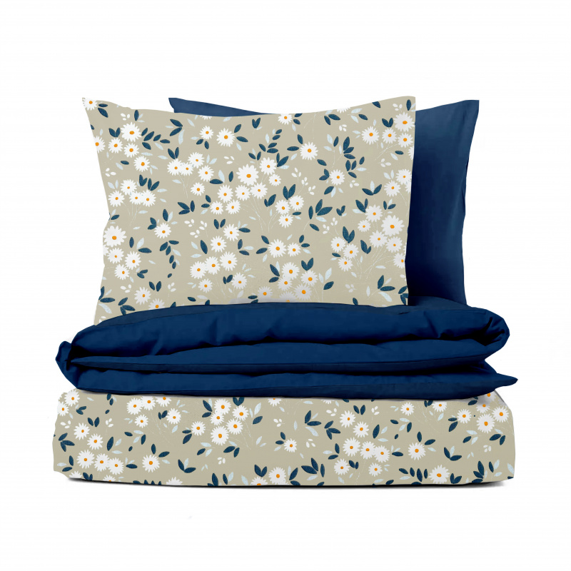 Ervi Bavlněné povlečení oboustranné - kytice sedmikrásek na béžovém/modré