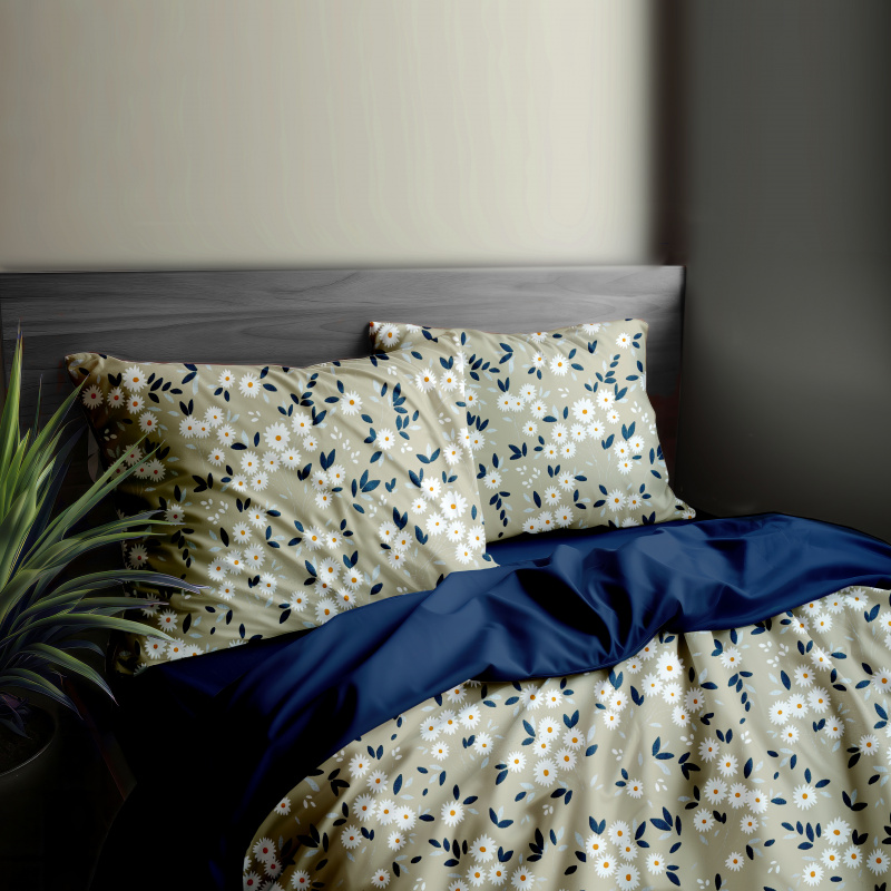 Ervi Bavlněné povlečení oboustranné - kytice sedmikrásek na béžovém/modré