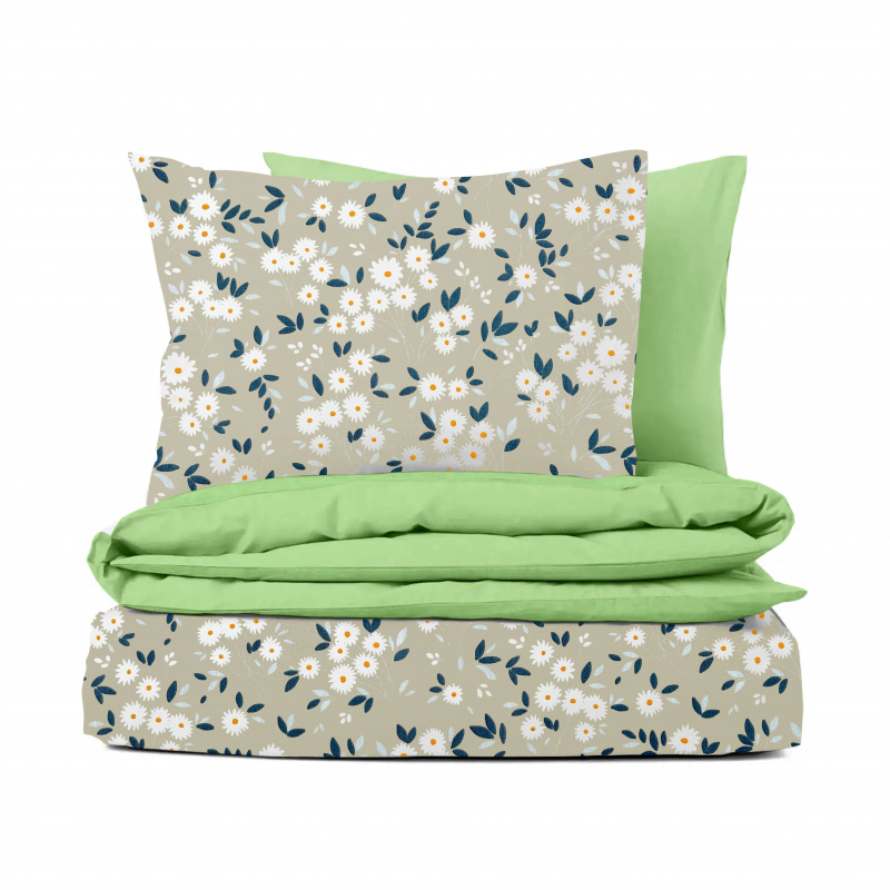 Ervi Bavlněné povlečení oboustranné - kytice sedmikrásek na béžovém/světle zelené