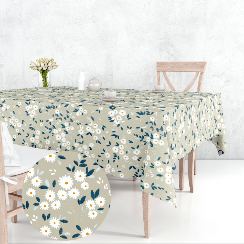 Ervi bavlněný ubrus na stůl obdélníkový - kytice sedmikrásek na béžovém