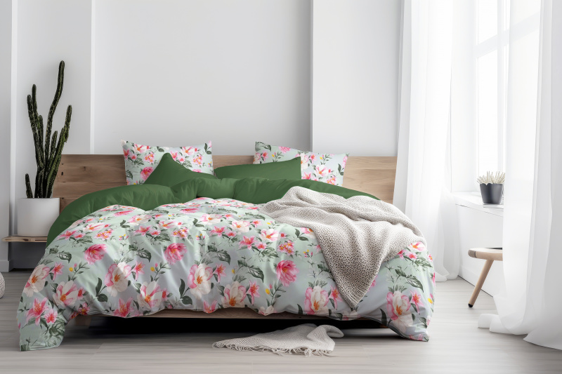 Ervi Bavlněné povlečení oboustranné - Magnolia a lilia/olivové