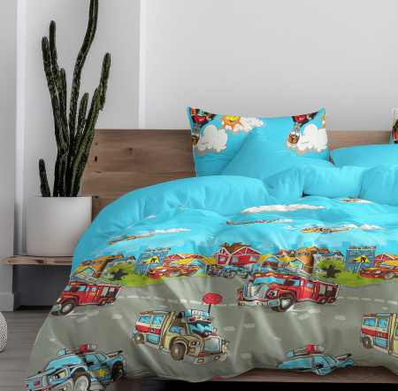 Ervi dětské Bavlněné povlečení oboustranné - Pohádkový svět města/světle modré