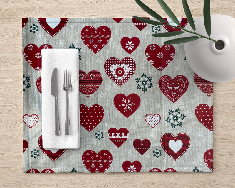 Ervi bavlněné prostírání na stůl - Vánoční srdíčka na šedém