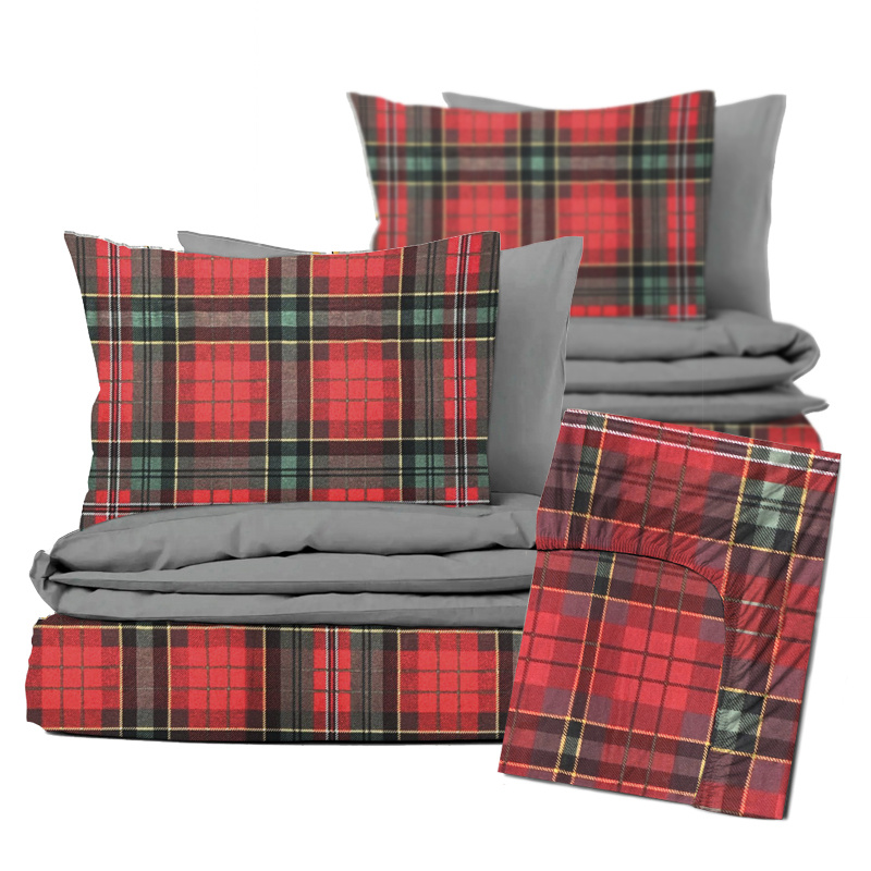 Ervi Sada Flanelového DUO povlečení s Prostěradlem  - Skotská kostka Tartan/šedé