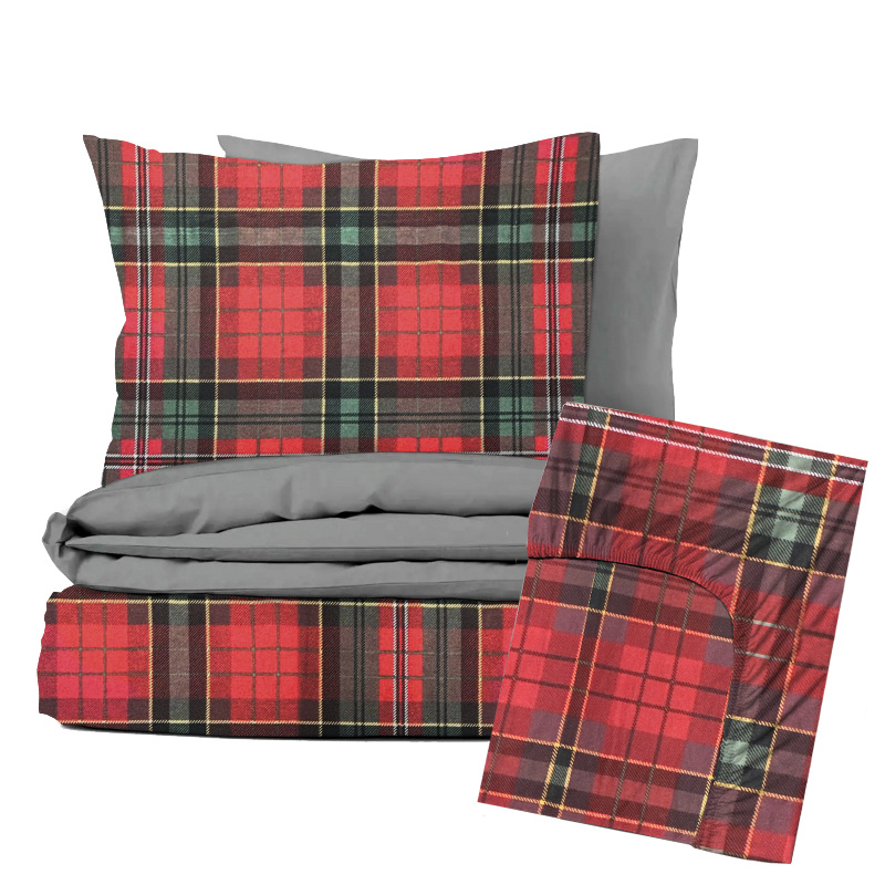 Ervi Sada Flanelového DUO povlečení s Prostěradlem  - Skotská kostka Tartan/šedé