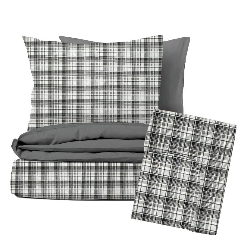 Ervi Sada Flanelového DUO povlečení s Prostěradlem  - bílo-černé karo/tmavě šedé