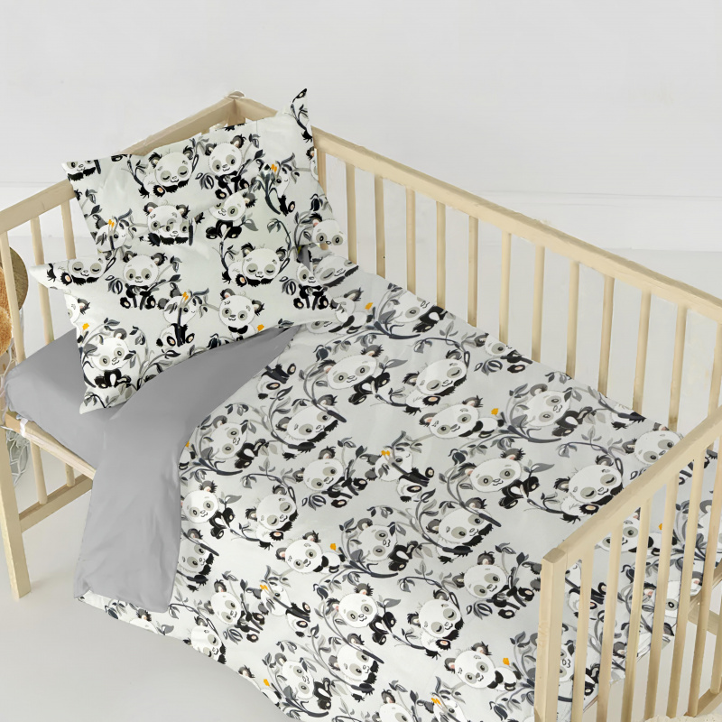 Ervi FLANELOVÉ bavlněné povlečení do postýlky DUO - pandy na šedém/šedé