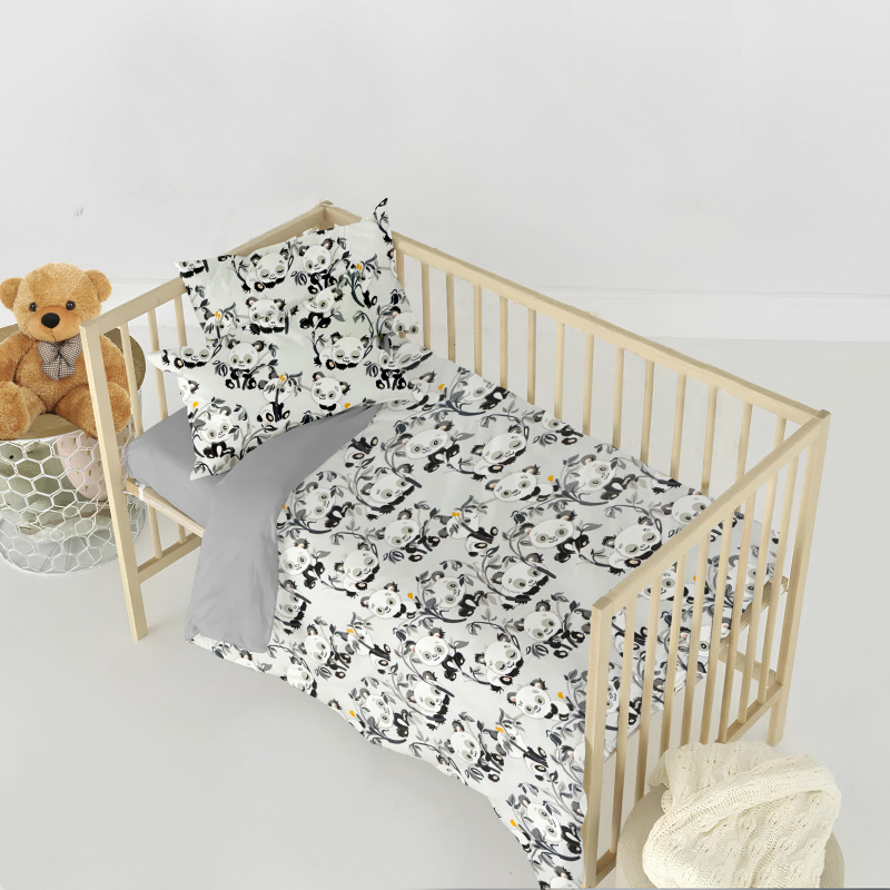 Ervi FLANELOVÉ bavlněné povlečení do postýlky DUO - pandy na šedém/šedé