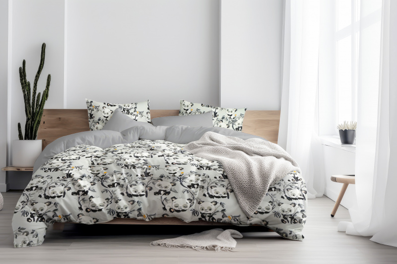 Ervi FLANELOVÉ bavlněné povlečení - pandy na šedém/šedé