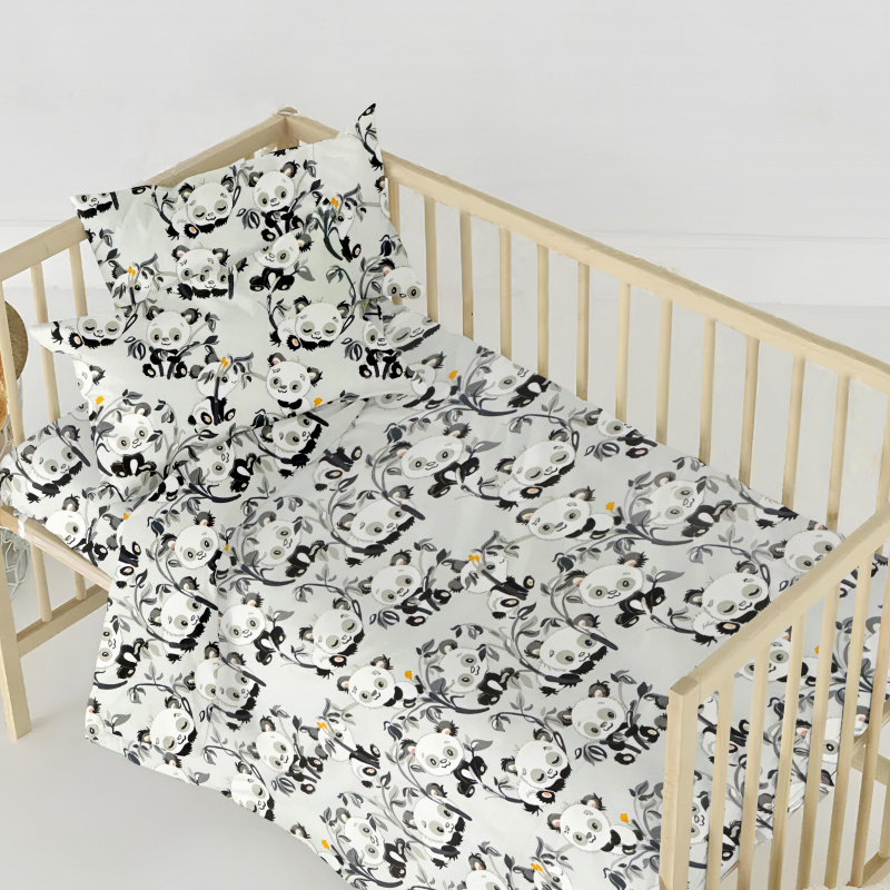 Ervi FLANELOVÉ bavlněné povlečení do postýlky - pandy na šedém