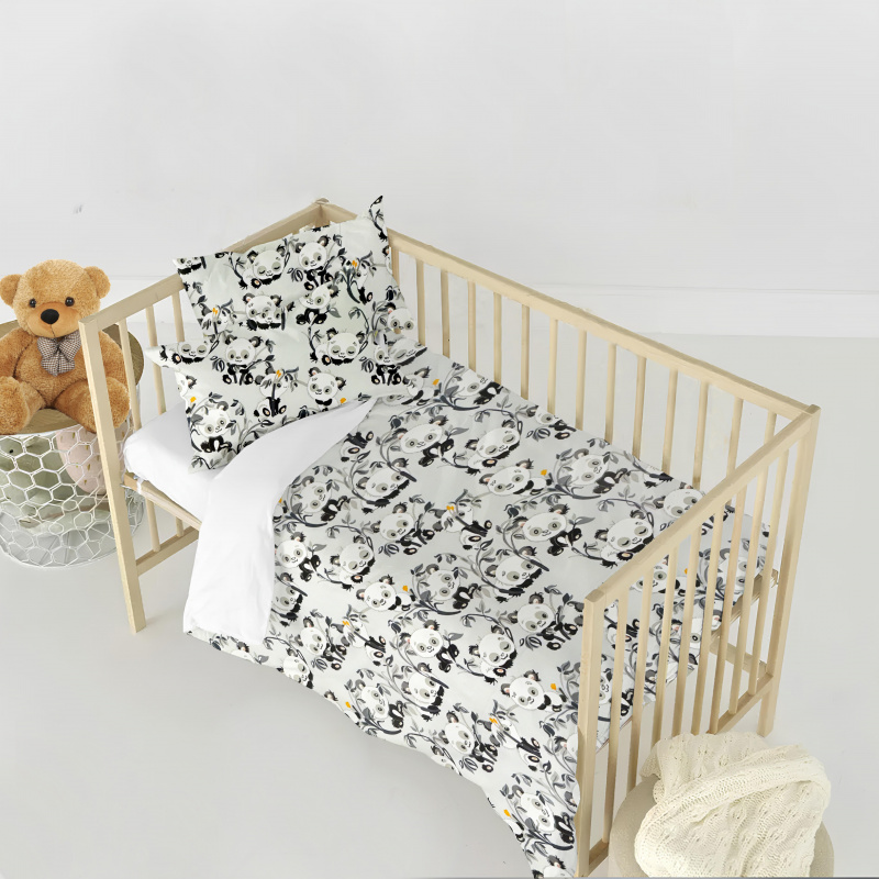 Ervi FLANELOVÉ bavlněné povlečení do postýlky DUO - pandy na šedém/bílé