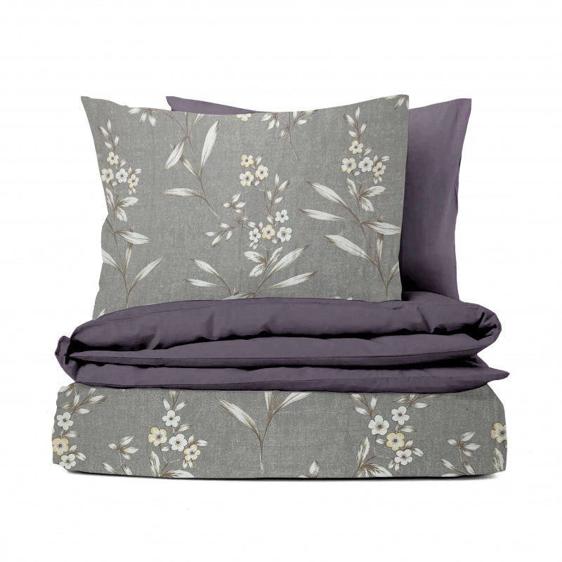 Ervi bavlněné povlečení oboustranné -  květinky na šedém/šedo-fialové