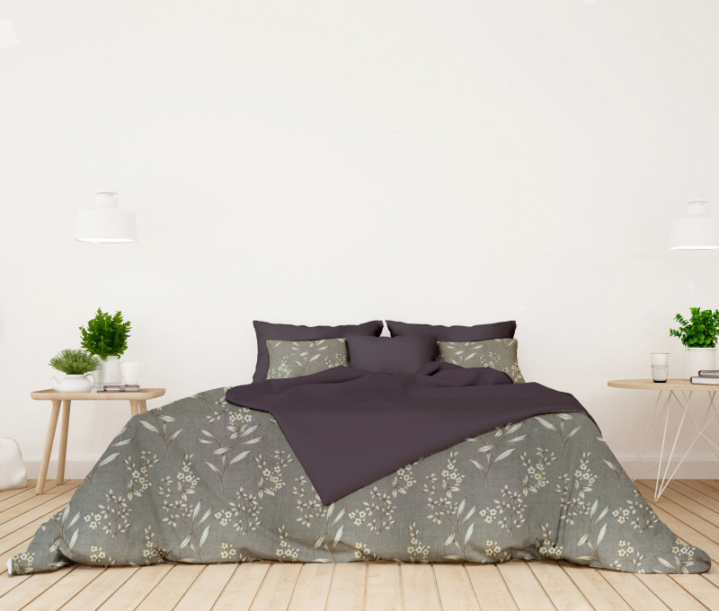 Ervi bavlněné povlečení oboustranné -  květinky na šedém/šedo-fialové