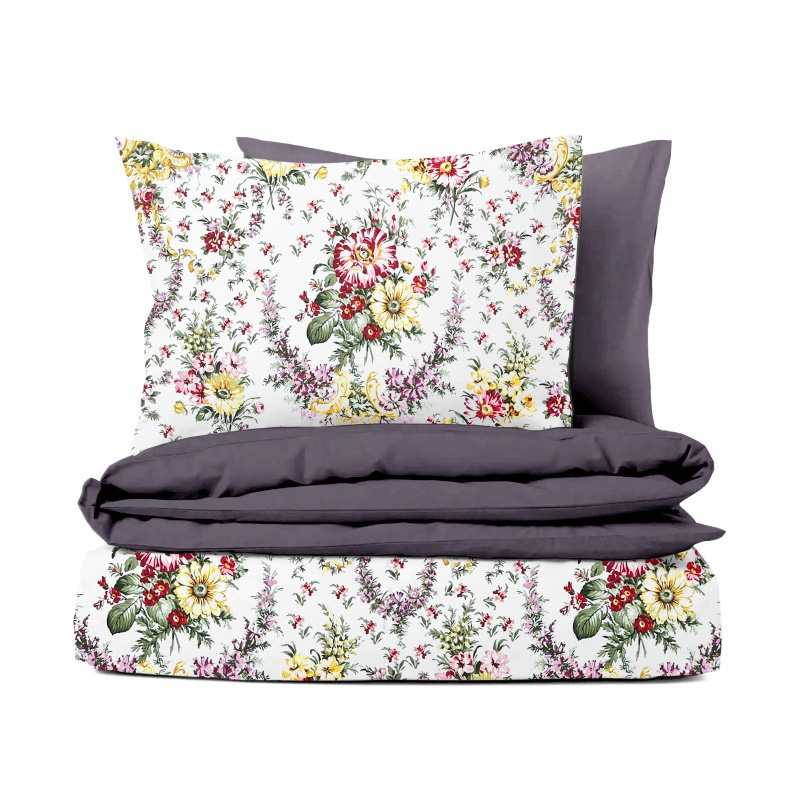 Ervi bavlněné povlečení oboustranné - Kytice na bílém/šedo-fialové