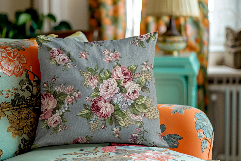 Ervi povlak na polštář Gobelínový - Jemné růže na šedo-modrém