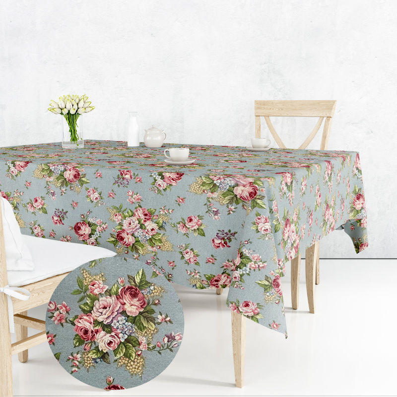 Ervi Gobelínový ubrus na stůl obdélníkový - Jemné růže na šedo-modrém