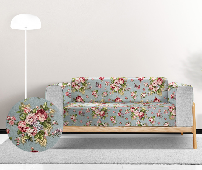 Ervi Gobelínový  přehoz na sedačku/postel - Jemné růže na šedo-modrém