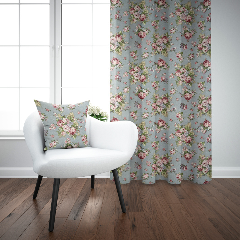 Ervi Gobelínový zatemňovací termo závěs - Jemné růže na šedo-modrém