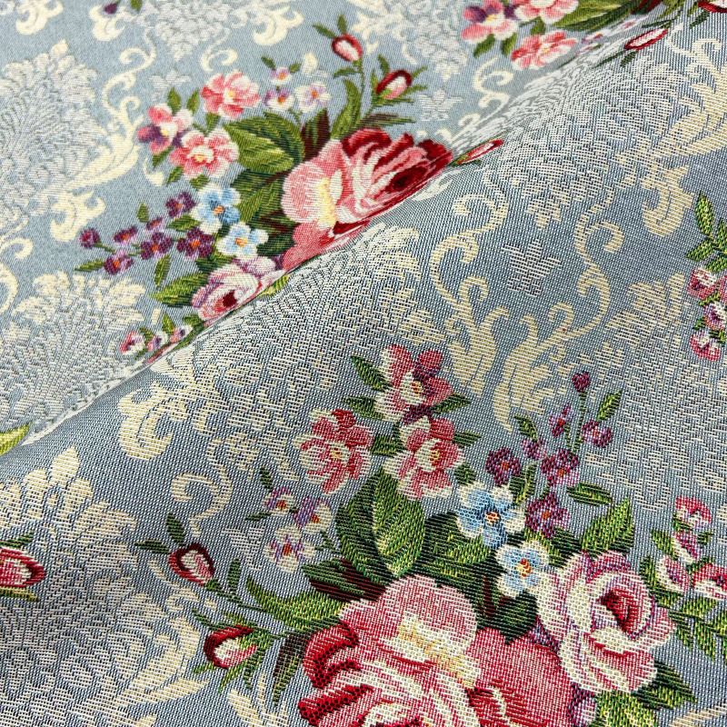 280cm Dekorační/potahová Gobelínová látka šířka - Květinová symfonie na šedo-modrém