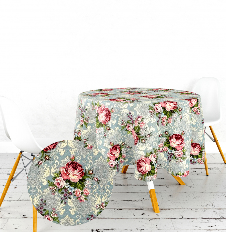 Ervi Gobelínový ubrus na stůl kulatý - Květinová symfonie na šedo-modrém