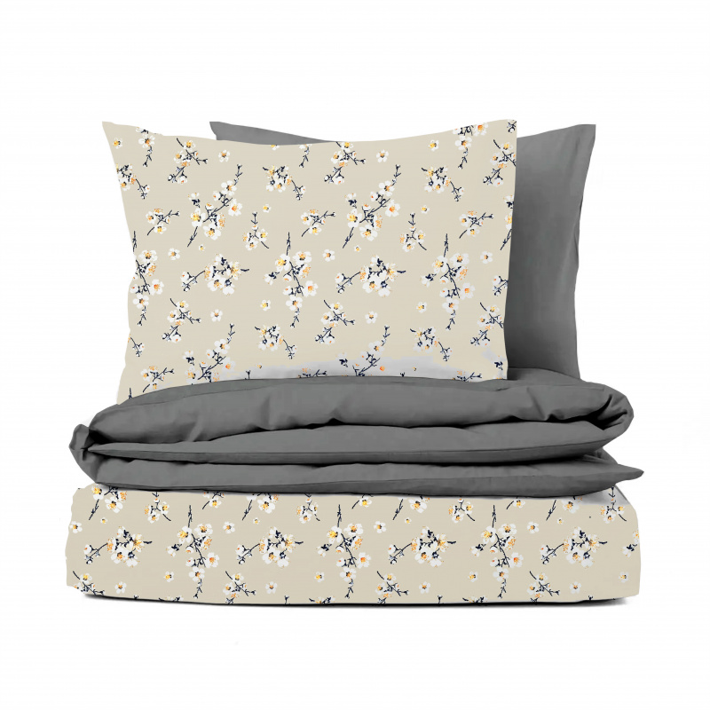 Ervi Bavlněné povlečení oboustranné - Třešňový květ na béžovém/šedé
