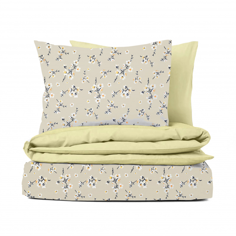 Ervi Bavlněné povlečení oboustranné - Třešňový květ na béžovém/žluté