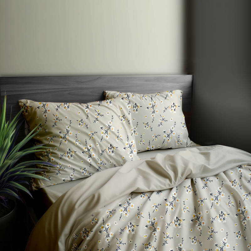 Ervi Bavlněné povlečení oboustranné - Třešňový květ na béžovém/béžové