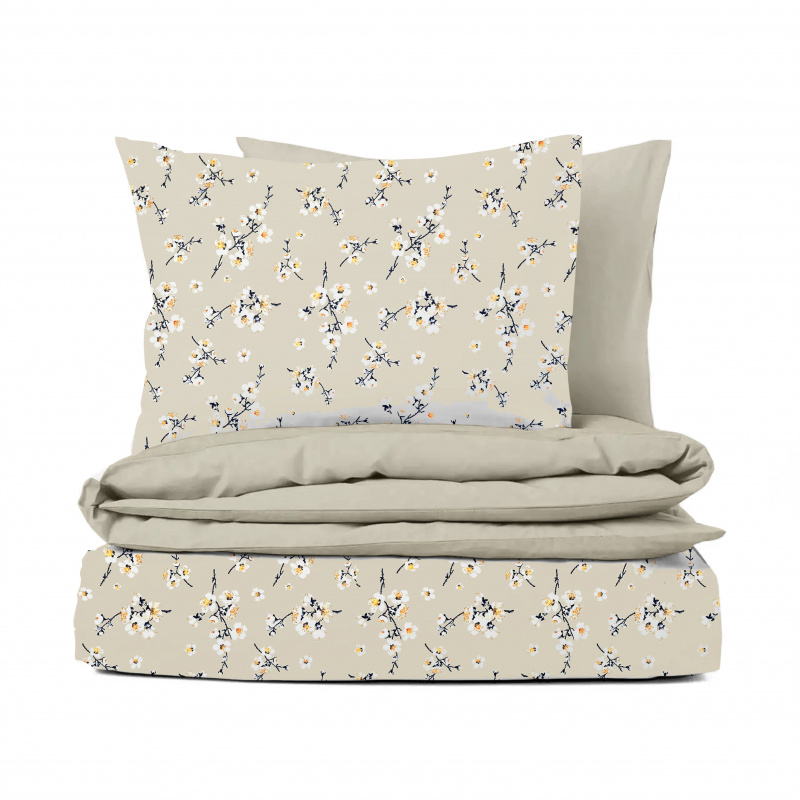 Ervi Bavlněné povlečení oboustranné - Třešňový květ na béžovém/béžové