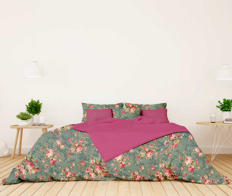 #Ervi bavlněné povlečení oboustranné - Růže na zeleném/růžová 200x220cm