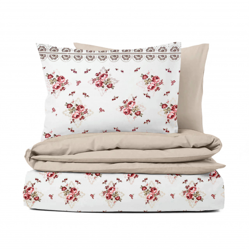 Ervi Bavlněné povlečení oboustranné - Růže a krajka/béžové